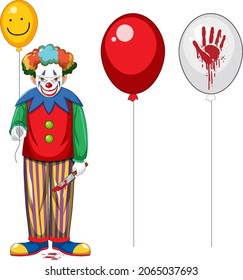 Scary clown holding balloon on white background illustration