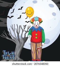 Scary clown holding balloon on full moon background illustration