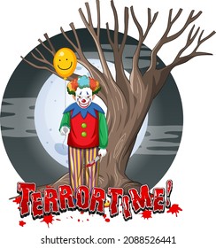 Scary clown holding balloon on full moon background illustration