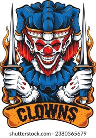 scary clown holding dagger illustration