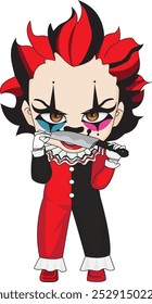 Scary clown with holding knife chibi halloween character, Black and red costume