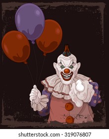 The scary clown holds balloons