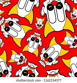 Scary clown pattern seamless. Terrible ornament. nightmare background Vector 
