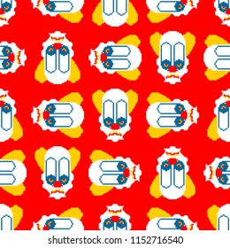 Scary clown pixel art pattern. 8 bit background. Digital nightmare ornament Vector 
