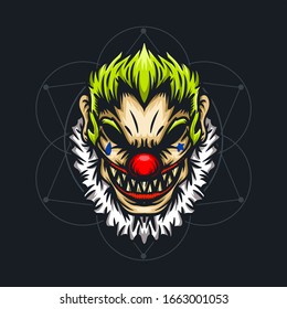 scary clown smile with sacred geometry hand drawn illustration for t-shirt and other merchandise.