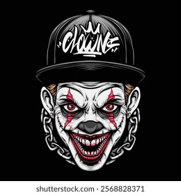 scary clown wearing baseball hat vector