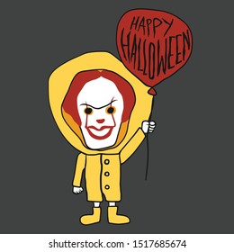 Scary clown wiht red balloon, Happy Halloween cartoon vector illustration
