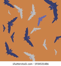 Scary Colorful Gothic Night Halloween Modern Design. Orange Violet Motion Spooky Flying Bats Art Pattern. Eyes Attack Chaos Retro Sky Bats Vector Design Pic. Creepy Grey Print Purple Background.