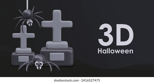 Scary composition with grave with cross monument, and spiders on black background. Concept of death. Vector illustration in 3d style with place for text