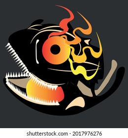 scary cool black dragon head with scratches and fire on the mouth and eye