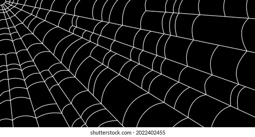 Scary corner spider web. White cobweb silhouette isolated on black background. Hand drawn banner with spider web for Halloween party. Vector illustration.