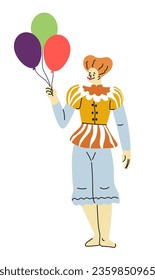 Scary costume of clown with balloons. Isolated personage wearing outfit with makeup. Male or female character. Trick or treat, costume for holiday party celebration. Vector in flat style illustration