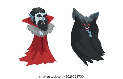 Scary Count Dracula Set, Happy Halloween Character Cartoon Vector Illustration