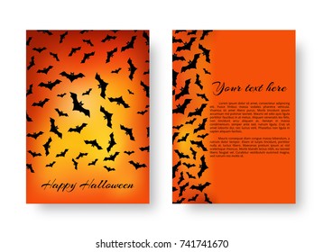Scary cover of brochure with bats for festive decoration for Halloween on the orange backdrop. Vector illustration.