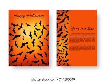 Scary cover design of brochure with bats for festive Halloween design on the orange backdrop. Vector illustration.