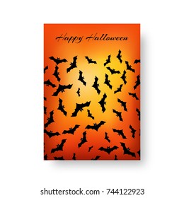 Scary cover of leaflets with bats for festive Halloween design on the orange backdrop. Vector illustration.
