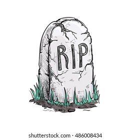 Scary Cracked Tomb Grave Stone On Cemetery. Halloween Vector Sketch Isolated Design Element For Decoration