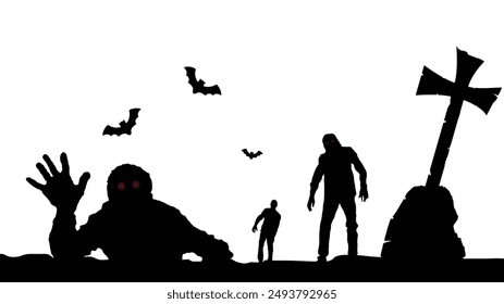 Zombis que caminan y se arrastran aterradores en el cementerio. Vector de concepto de vacaciones nacionales de temporada