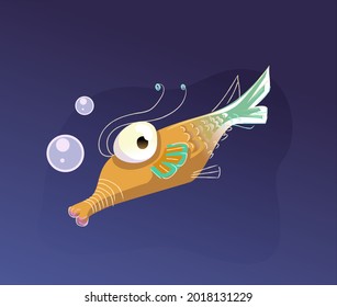 Scary and crazy deep sea fish. Cute and funny creature in vector