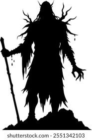 Scary creature vector silhouette body with staff