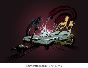 Scary creatures in dark room. Vector spooky illustration with few monsters scared child and frightened cat