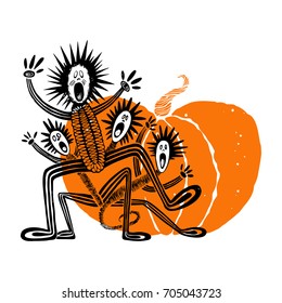 Scary creatures-monsters against the background of a pumpkin. Halloween postcard.  Vector illustration on white background.