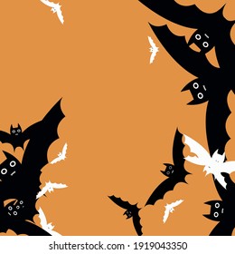 Scary Creepy Chaos Spooky Halloween Art Illustration. Retro Motion Light Black Modern Style Background. Orange Print Attack Bats Vector Background. White Funny Grey Faces Flying Bats Art Pattern.