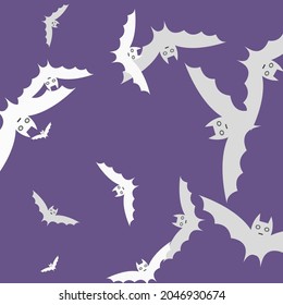 Scary Creepy Colorful Motion Retro Bats Vector Design Pic. Print Purple Eyes Attack Flying Bats Art Pattern. Gothic Black Violet Spooky Halloween Modern Design. Night Grey White Sky Wallpaper.