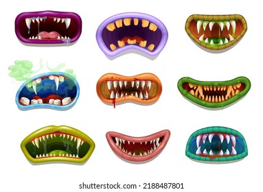 Scary And Creepy Drool Monster Grin Jaws And Mouths. Vector Smiles, Teeth And Tongues. Cartoon Horror Faces Of Halloween Demon, Devil, Alien Beast Or Vampire With Bloody Lips, Bad Smell, Slime