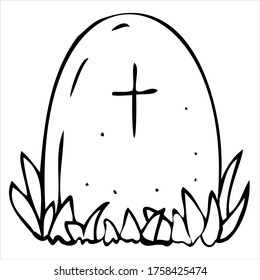 scary, creepy grave in a cemetery, vector decorative element for halloween celebration in doodle style, black outline