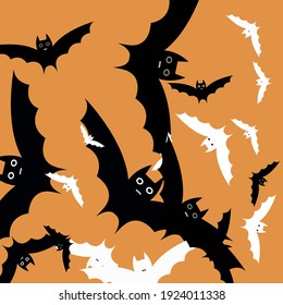 Scary Creepy Grey Bats Vector Background. Retro Chaos Motion Light Halloween Art Illustration. Spooky Faces Funny Attack Modern Style Simple Art. Print White Orange Black Art Flying Bats Fabrics.