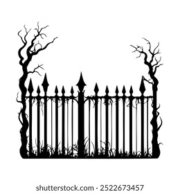 Scary creepy Halloween fence, graveyard fencing. Element of scary decor. Isolated on a white background.