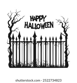 Scary creepy Halloween fence and Happy Halloween text. Element of scary decor. Isolated on white background.