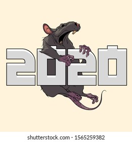 Scary And Creepy Rat Hanging On The 2020 New Year Logo, Cartoon Vector