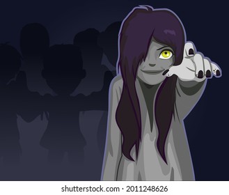 Scary creepy zombie woman with glowing eye stretching hand towards viewer Halloween party holiday