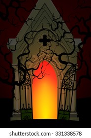 Scary crypt in cemetery at night. Halloween background