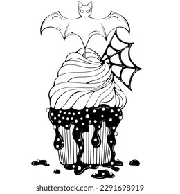 Asustada tarta con murciélago, telaraña de chocolate y chocolate fundido. Muffin de pastel crema postre Halloween. Ilustración vectorial en el estilo de dibujo de dibujos animados a mano. Arte de líneas aislado en blanco. Libro de coloración