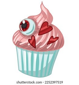 scary cupcake with an eye, Creepy Valentine clipart, Spooky Valentine, Pastel Goth digital stickers, Alternative Valentine day vector EPS10