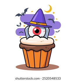 A scary cupcake with an eye and witch hat. Vector Illustration