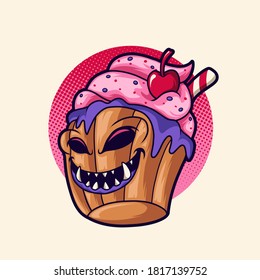 Scary cupcake monster vector illutration