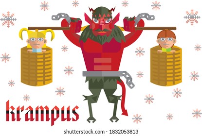 scary and cute Christmas Krampus with children in baskets on a snowflake background	
