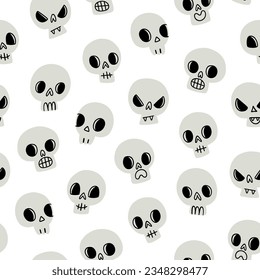Scary but cute doodle skulls for Halloween party decorations, vector seamless pattern illustration