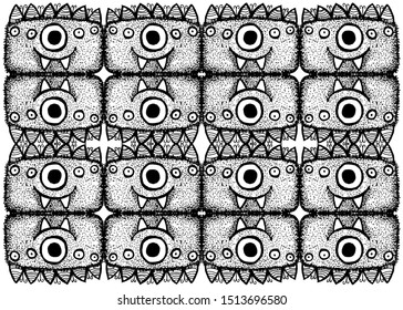 Scary and cute fluffy monsters in hand drawn cartoon style