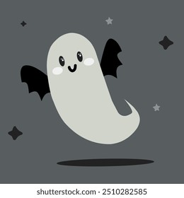 Fantasma lindo aterrador para la celebración de Halloween con alas de murciélago. Ilustración de Halloween