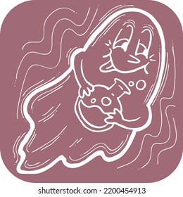 Scary cute Halloween ghost vector with funny face hand drawn illustration. Night spirit. Comic cartoon personage character for decorative design, poster print. decoration celebration, party invitation