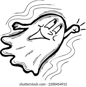 Scary cute Halloween ghost vector with funny face hand drawn illustration. Night spirit. Comic cartoon personage character for decorative design, poster print. decoration celebration, party invitation