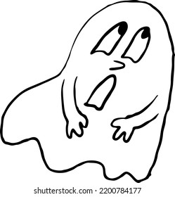 Scary cute Halloween ghost vector with funny face hand drawn illustration. Night spirit. Comic cartoon personage character for decorative design, poster print. decoration celebration, party invitation