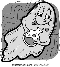 Scary cute Halloween ghost vector with funny face hand drawn illustration. Night spirit. Comic cartoon personage character for decorative design, poster print. decoration celebration, party invitation