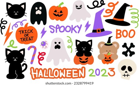 Scary but cute Halloween icons including pumpkin, ghost, black cat, trick or treat candy, spooky skull, witch hat, abstract doodles, etc