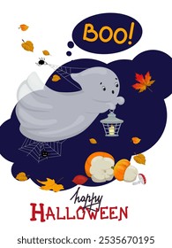 Scary cute halloween party invitation, flyer template with cute ghost lantern pumpkins. Flat style vector illustration.